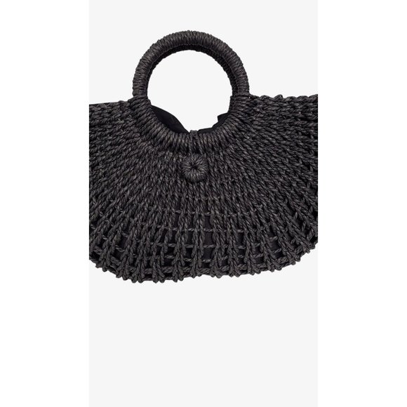 Woven Straw Hobo Handbag  Beach Bag  Drawstring Closure Black - Picture 4 of 7